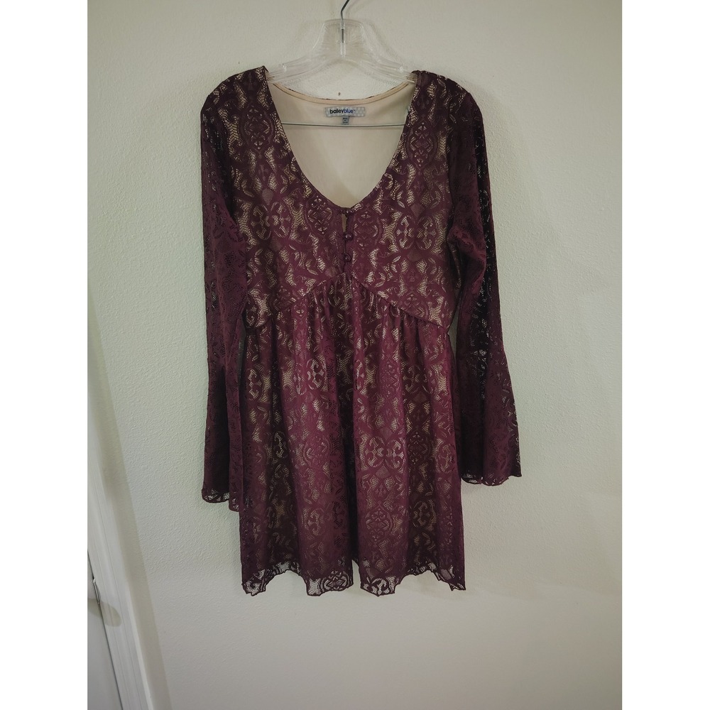 Bailey Blue Burgundy Lace Babydoll Dress Long Bell Sleeve Boho‎ V-Neck Mini XL